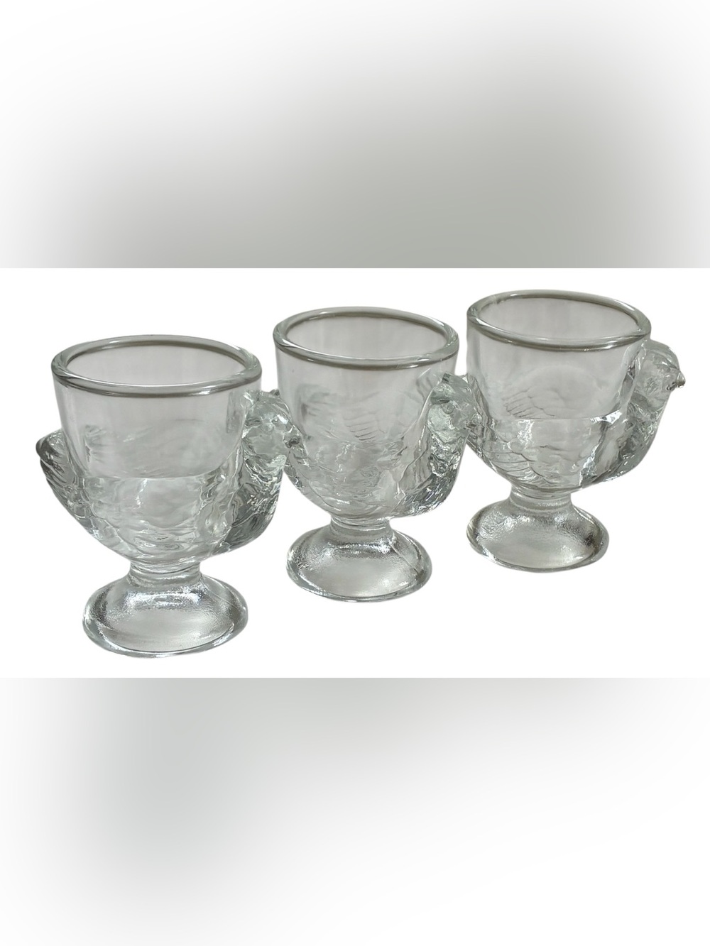 VINTAGE CLEAR GLASS CHICKEN EGG CUPS FRANCE SET OF 3